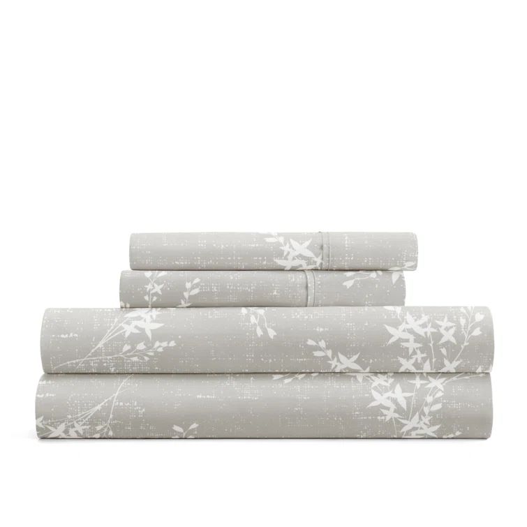 California King Gray Floral Microfiber Contour Sheet Set