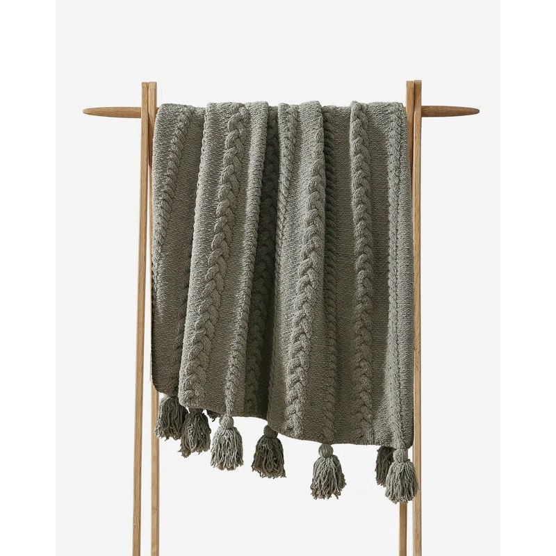 Boulder Gray Braided Pom Pom Throw Blanket