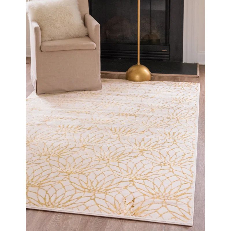 Elegant White Gold 4' x 6' Floral Glam Synthetic Area Rug
