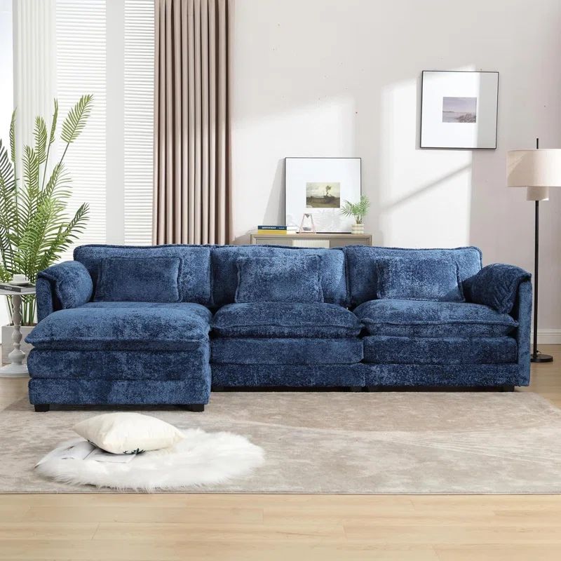 Navy Blue Chenille L Shaped Sectional Sofa with Ottoman