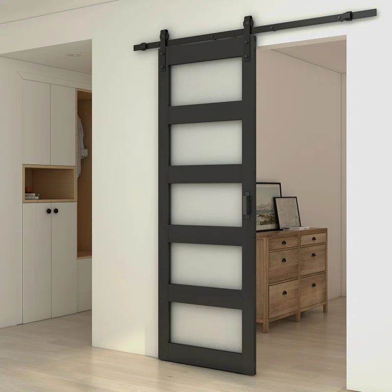 30" x 84" Black Frosted Glass 5 Panel Sliding Barn Door Kit