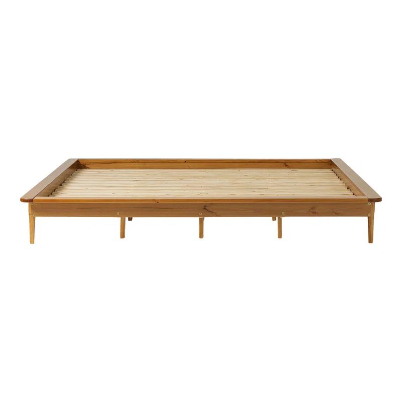 King-Size Mid-Century Modern Solid Pine Platform Bed - Walnut Finish