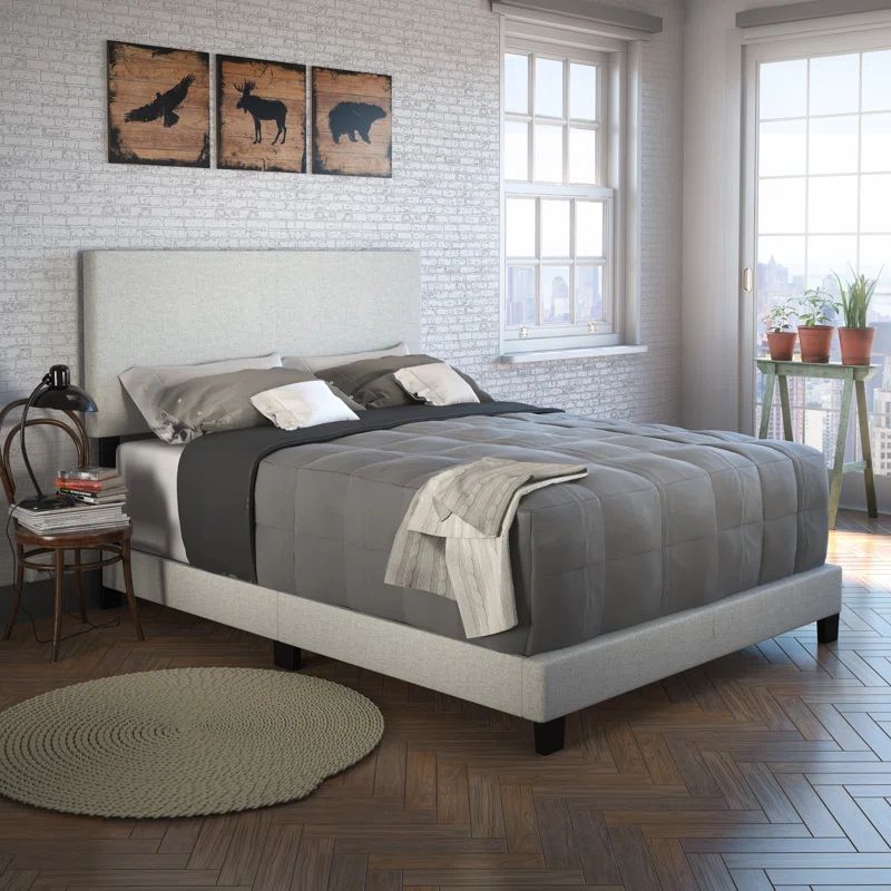 Full Gray Linen Upholstered Platform Bed with Headboard
