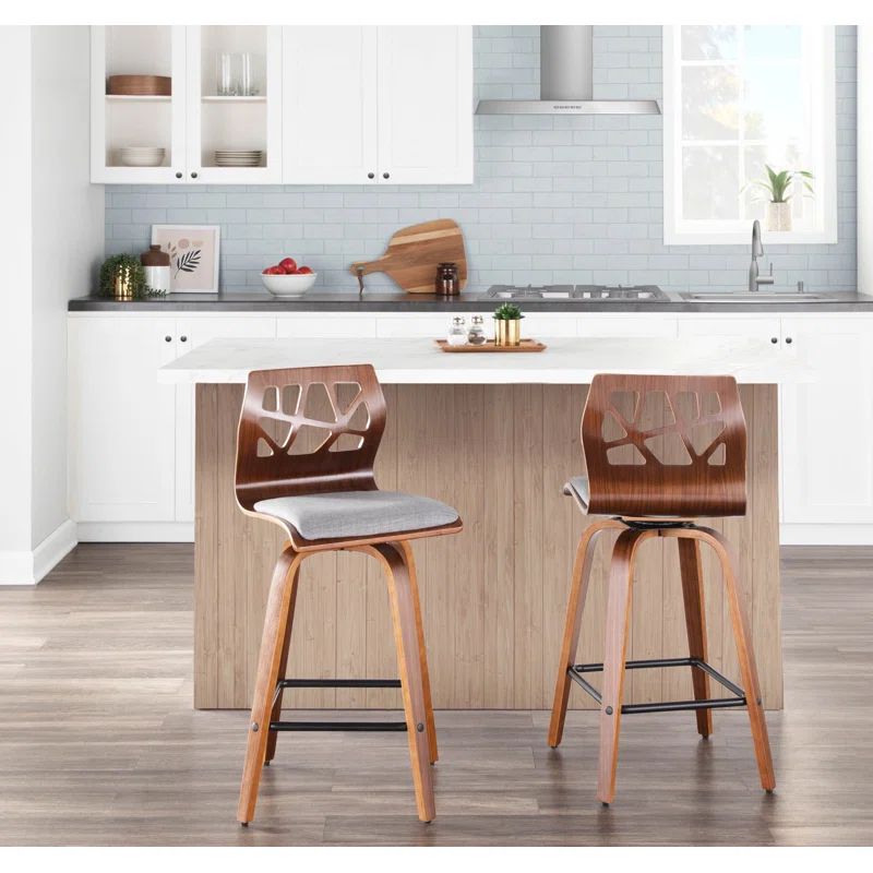 Mid-Century Modern Light Gray Walnut Counter Stool Set