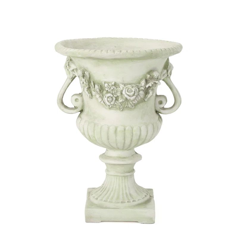 White Moss Lightweight Concrete Garden Urn Planter with Floral Design