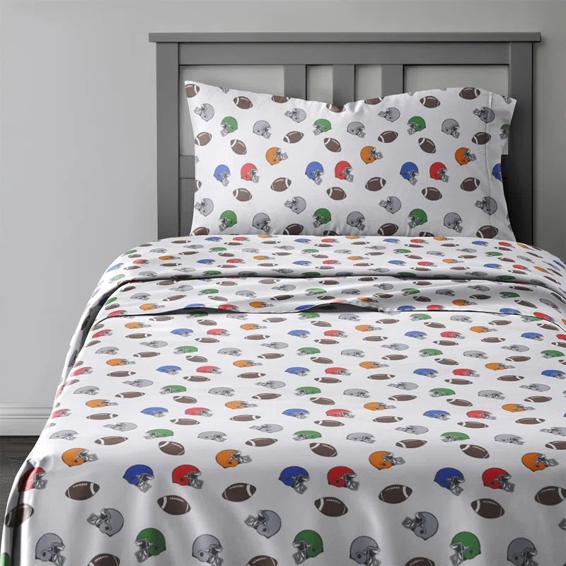 Kids Blue Football Print Queen Microfiber Sheet Set