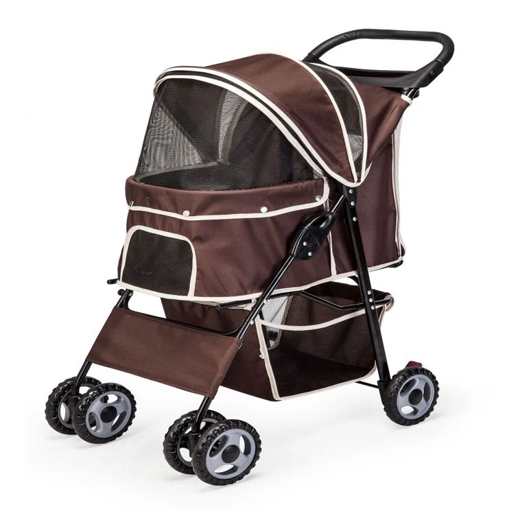 Brown and White Polyester Pet Stroller with Storage Basket