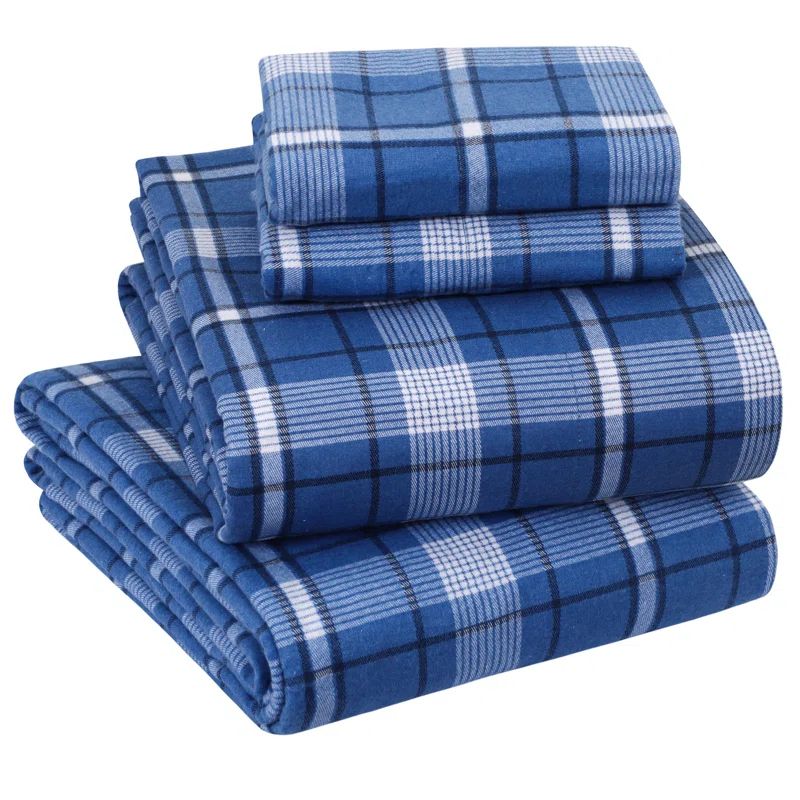 Full Dark Blue Plaid Cotton Flannel Deep Pocket Sheet Set