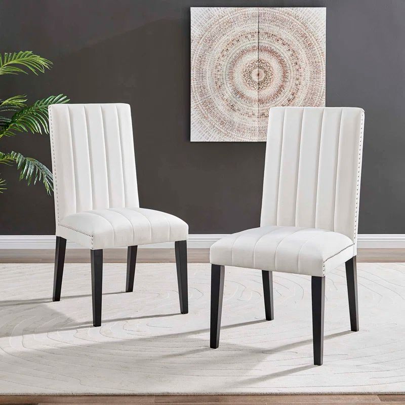White Velvet Upholstered Parsons Side Chair Set with Wood Legs
