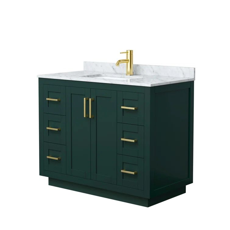 Miranda 42'' Green Single Freestanding Bathroom Vanity with White Carrara Marble Top and Brushed Gold Trim