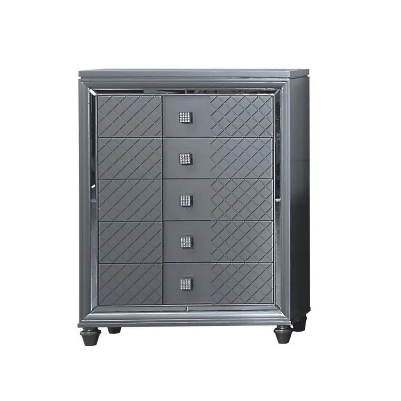 Charcoal Gray Tall Dresser Chest with Diamond Pattern and Crystal Handles