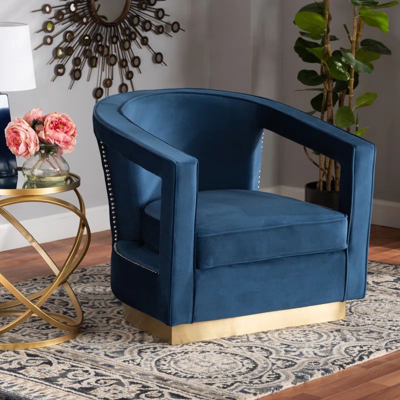 Neville Navy Blue Velvet Barrel Accent Chair with Gold Base