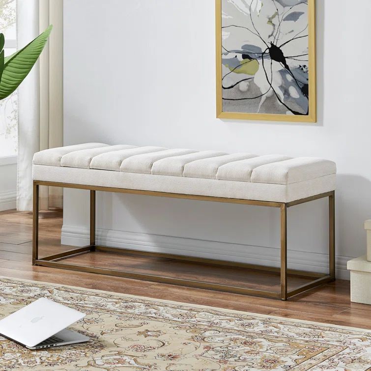 Darius 48" Off-White Fabric Bench with Brushed Gold Steel Base