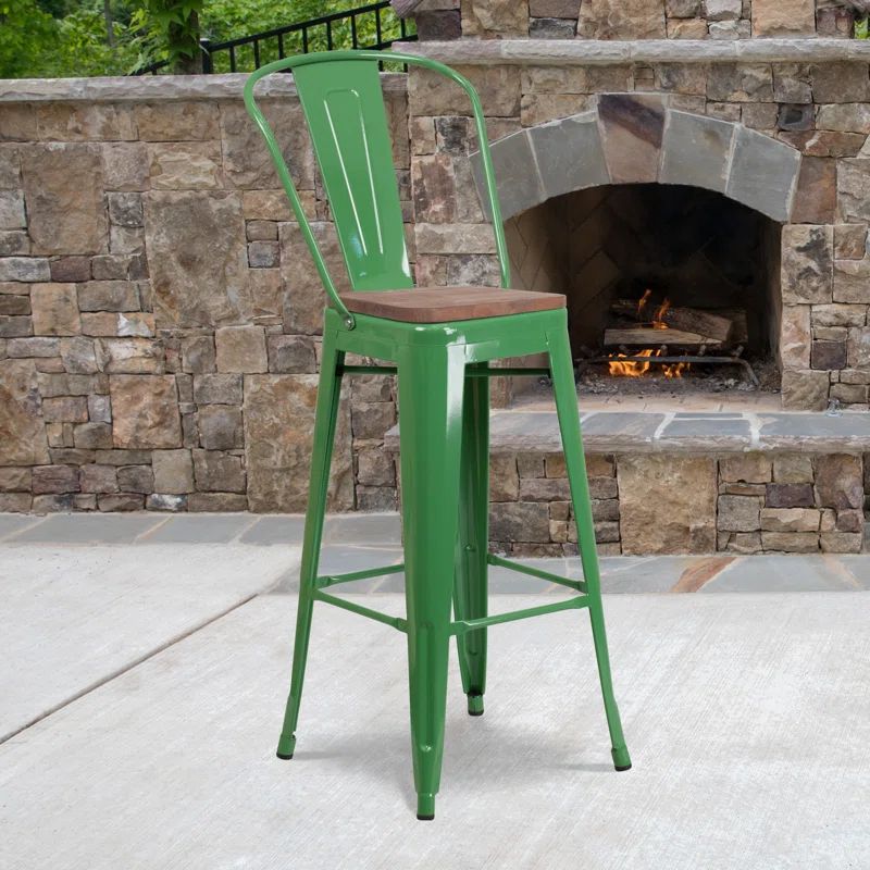 Green Metal Barstool with Brown Wood Seat, 30" High