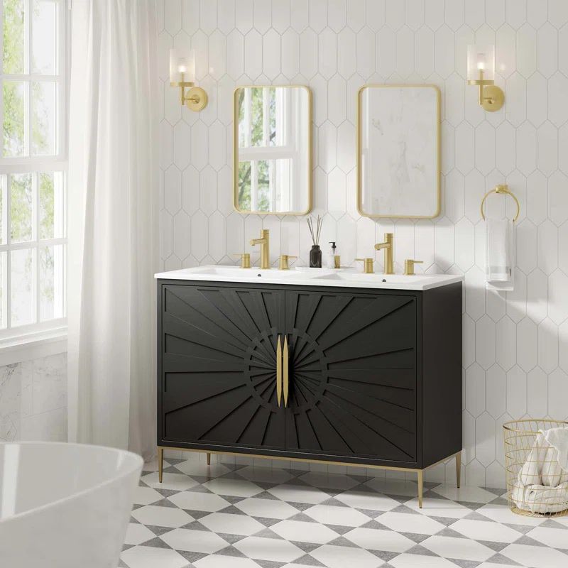 Awaken 48" Black and White Double Sink Bathroom Vanity with Gold Accents