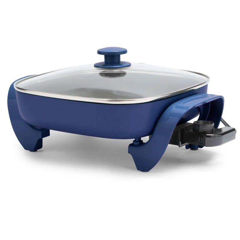 Blue Ceramic Nonstick Square Electric Skillet with Glass Lid