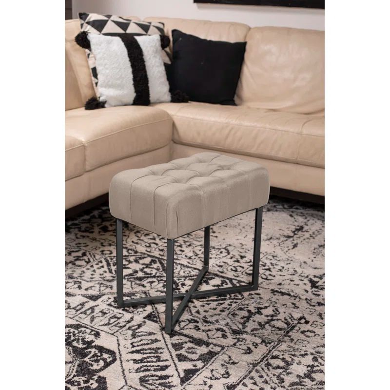 Compact Rectangular Tufted Brown Faux Fur Ottoman with Black Legs