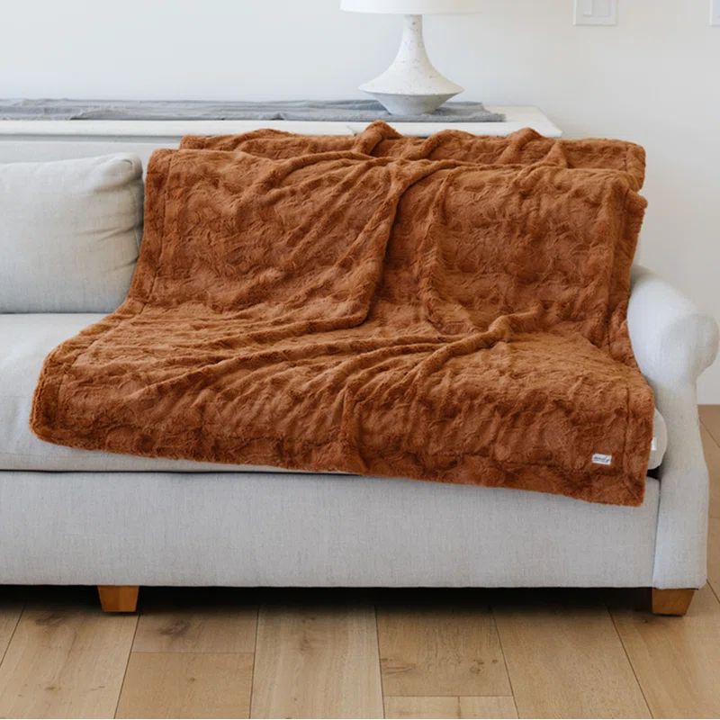 Camel Faux Fur Queen Reversible Throw Blanket