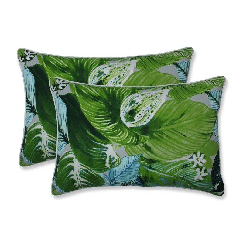 Green Tropical Foliage Rectangular Outdoor Lumbar Pillows Set