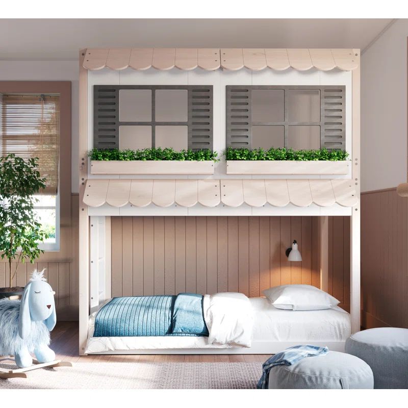 White and Tan Twin Over Twin Wooden Cottage Bunk Bed