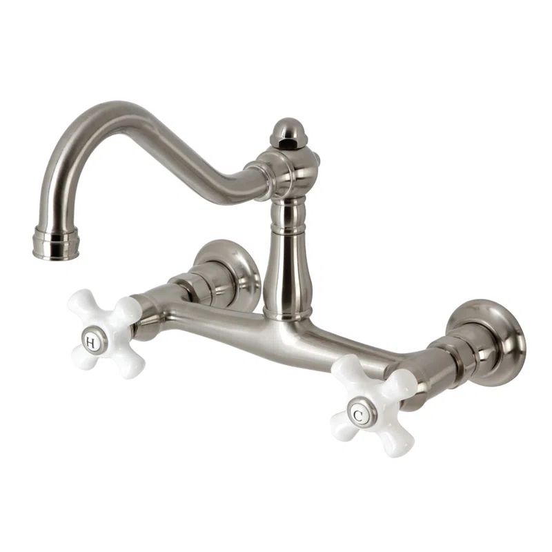 Vintage Polished Nickel Wall Mount Bathroom Faucet with Cross Handles