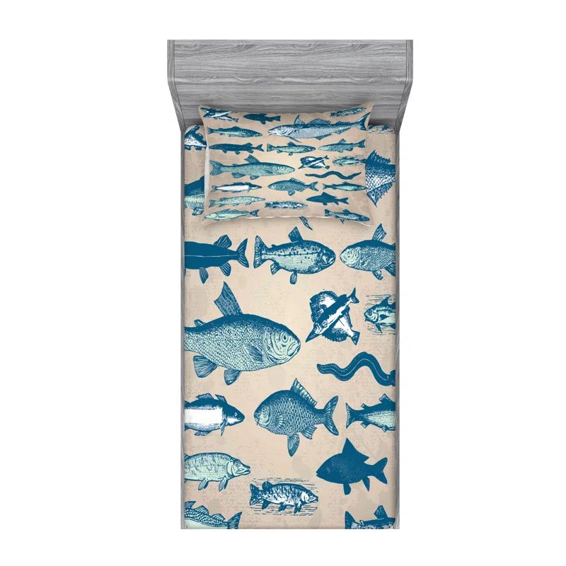 Twin XL White and Blue Fish Print Microfiber Sheet Set