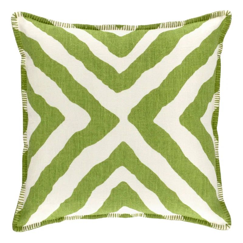 Green and White Linen Reversible Square Throw Pillow
