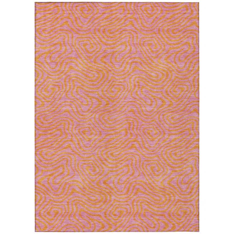 Pink and Orange Swirl Pattern Washable Synthetic Rug