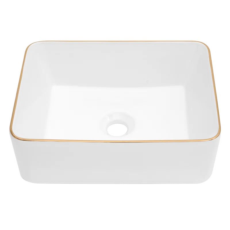 19 x 15 Inch White and Gold Ceramic Rectangular Vessel Sink