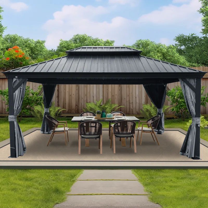 Gray 12x16ft Hardtop Gazebo with Nettings and Curtains