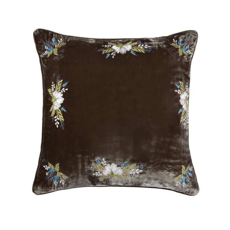 Green Ochre Floral Embroidered Silk Velvet Square Pillow