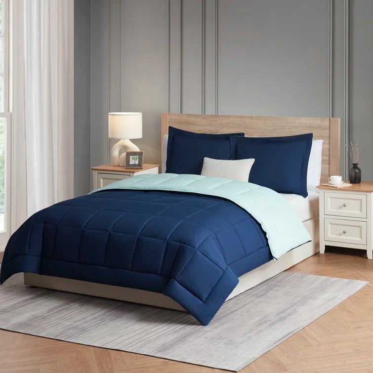 Navy and Light Blue Reversible Microfiber Queen Duvet