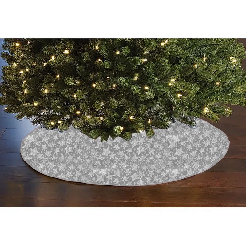 Silver Brocade Holiday Tree Skirt with Shiny Stars, 56" Round