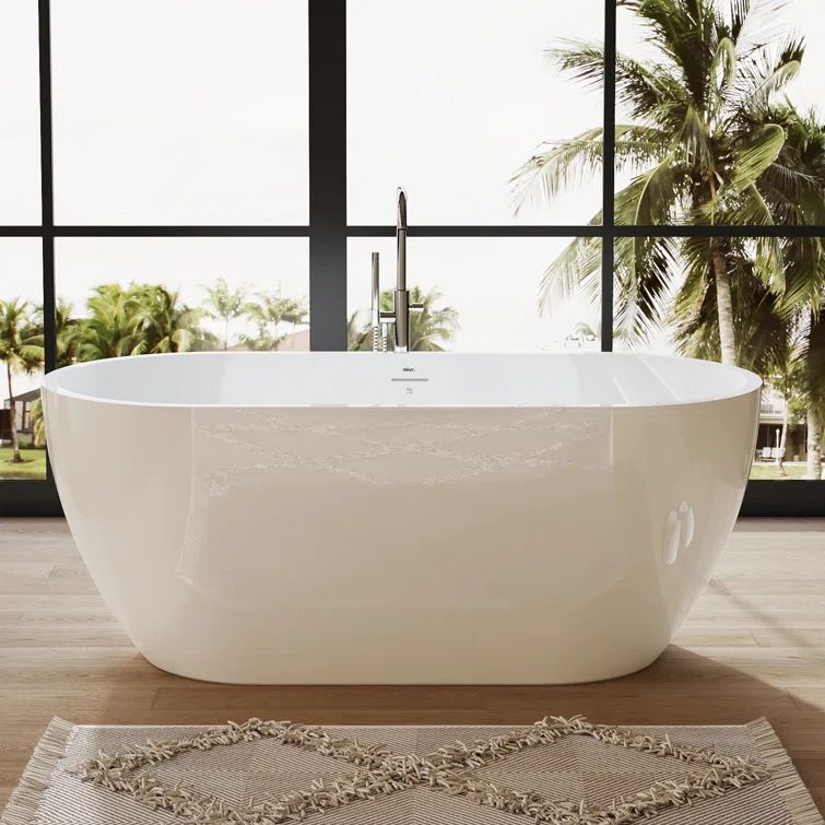 Bali 59-Inch White Acrylic Freestanding Soaking Bathtub with Brushed Nickel Drain