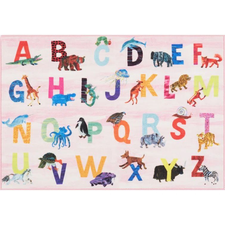 Pink Synthetic Rectangular Kids Alphabet Area Rug 35" x 51"