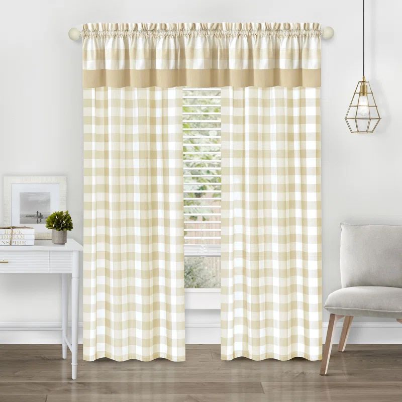 Tan and White Cotton Polyester Light Filtering Rod Pocket Curtain Panel