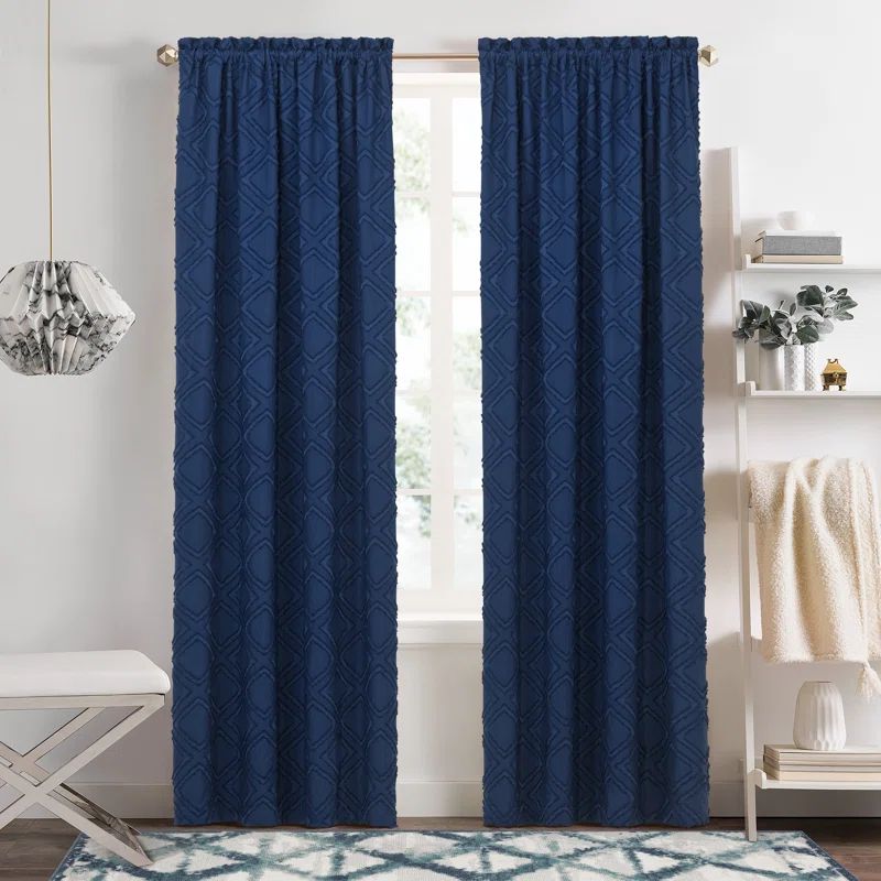 Navy Geometric Diamond Fringe Rod Pocket Drape Panel, 42" x 63"