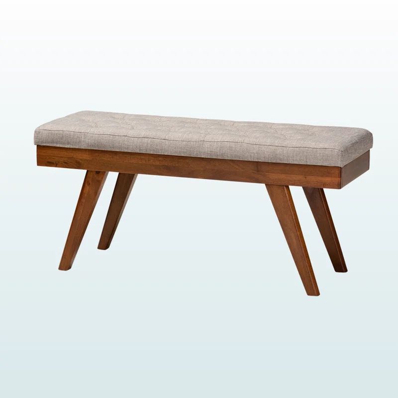 Alona Mid-Century Walnut Brown and Light Grey Fabric Dining Bench