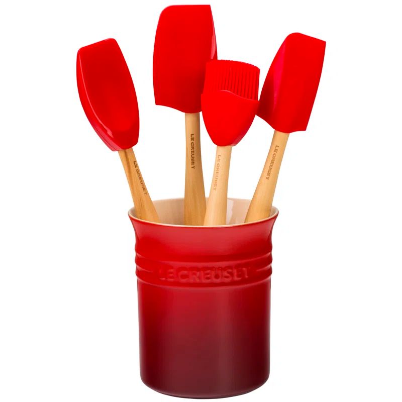 Cerise Red Silicone and Wood 5-Piece Utensil Set with Crock
