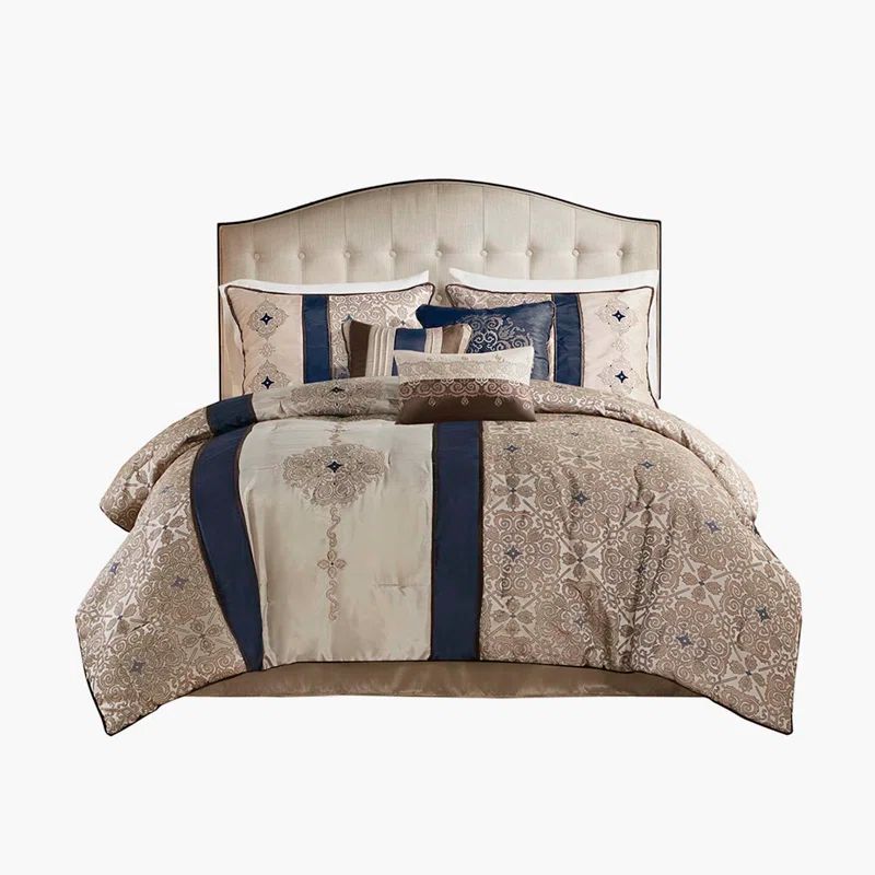 Navy and Taupe Jacquard King Comforter Set with Decorative Pillows