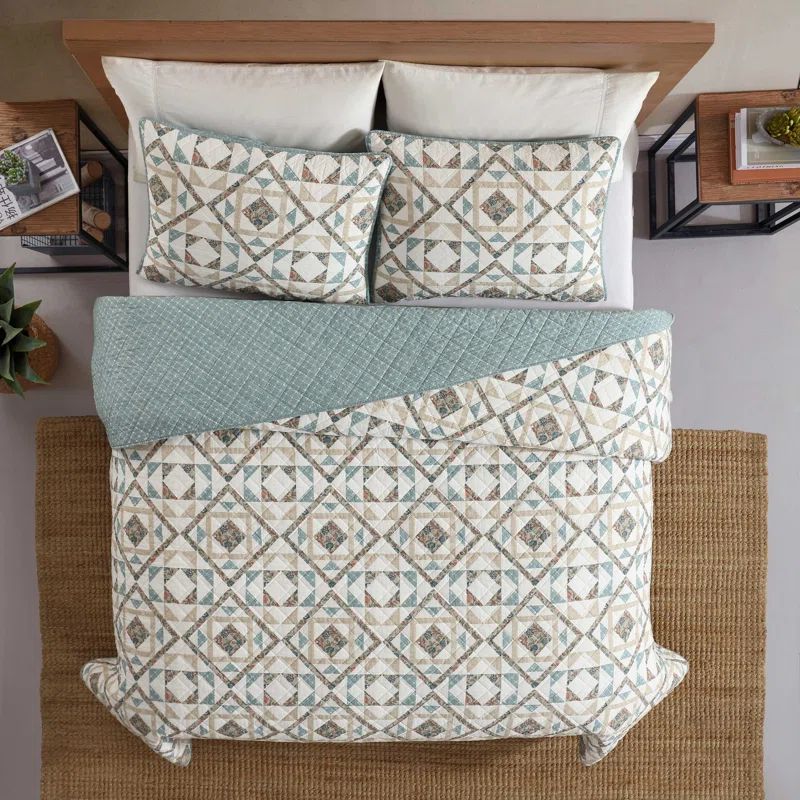 Annie Full Blue Cotton Reversible Quilt Set with Shams