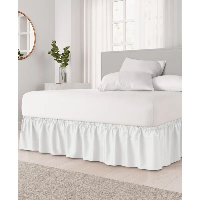White Linen Queen Size Elastic Wrap-Around Bed Skirt