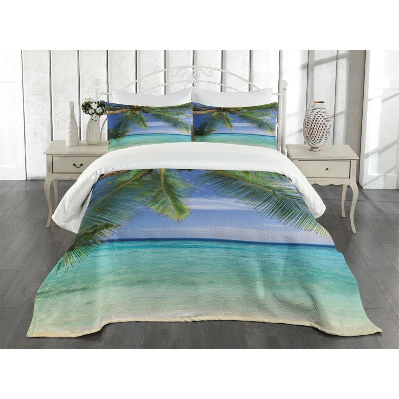 King Size White Quilted Bedspread Set with Tropical Print