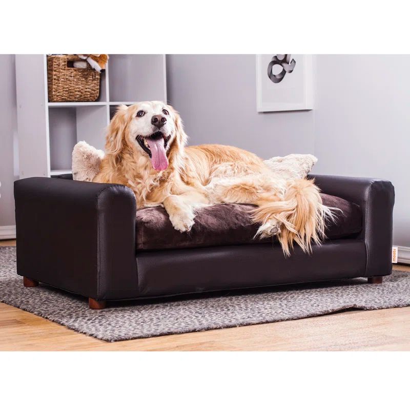 Large Espresso Leatherette Orthopedic Pet Sofa with Cushions
