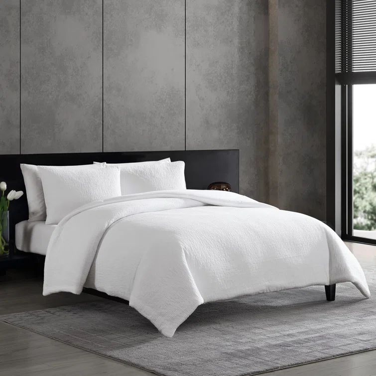 White Cotton Queen Duvet Cover Set with Puckered Texture