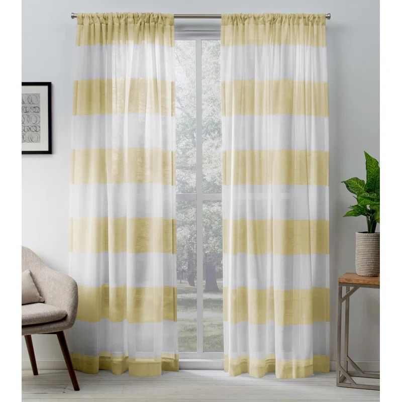 Yellow and White Sheer Linen Rod Pocket Curtain Panel Pair