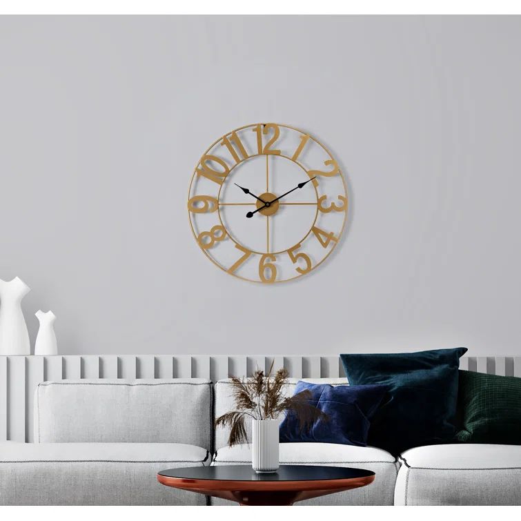 Oversized Gold Metal Round Wall Clock with Black Dial
