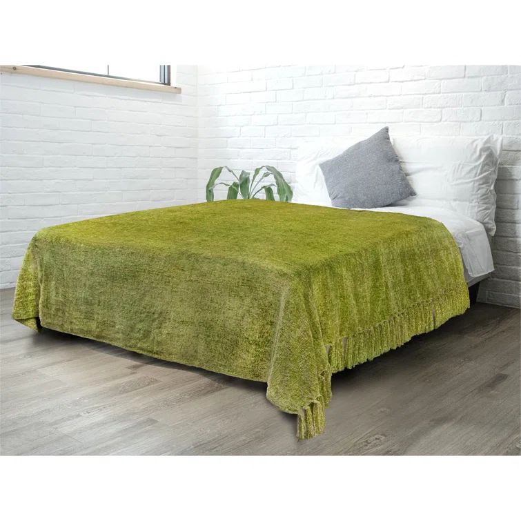 Olive Green Twin Size Chenille Knitted Throw Blanket with Tassel Fringe