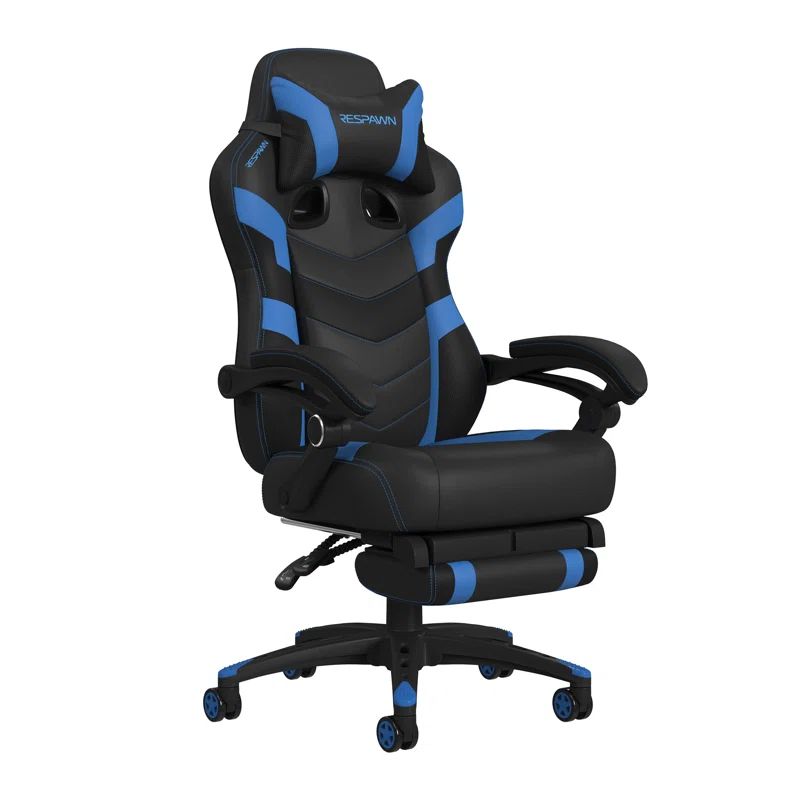 Blue and Black Ergonomic Gaming Chair with Footrest