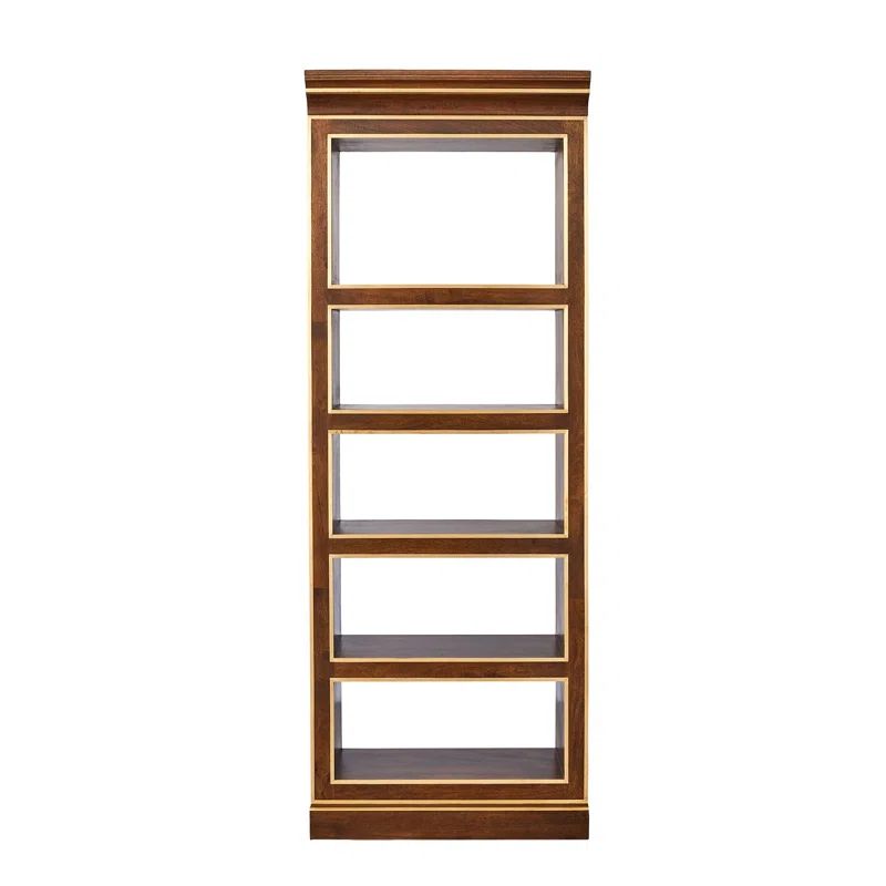Walnut Finish Mango Wood 5-Tier Adjustable Library Bookcase with Brass Details